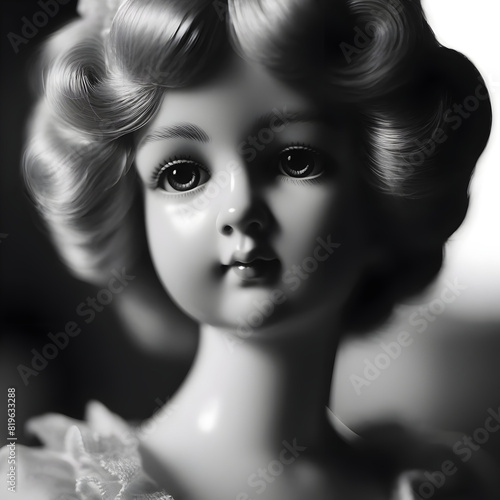 Elegante Schwarz-Weiß-Illustration einer antiken Porzellanpuppe, das Gesicht im Detail gezeigt. Die Puppe hat fein gelocktes Haar, trägt eine Halskette mit Perlen und ein viktorianisches Kleid. 