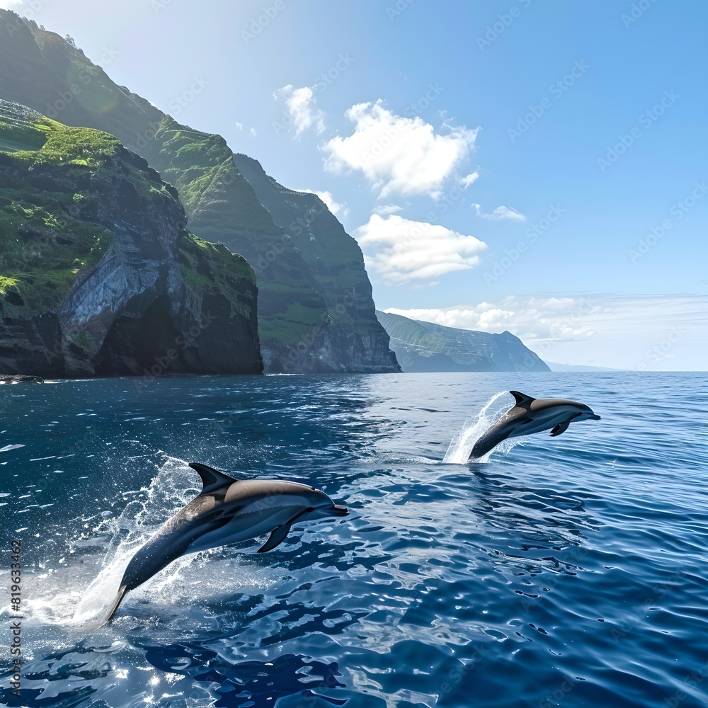 Fototapeta premium Scenic view of dolphins jumping in ocean near rocky cliffs and calm sea. Nature landscape captured in the wild. Perfect for travel and nature enthusiasts. AI