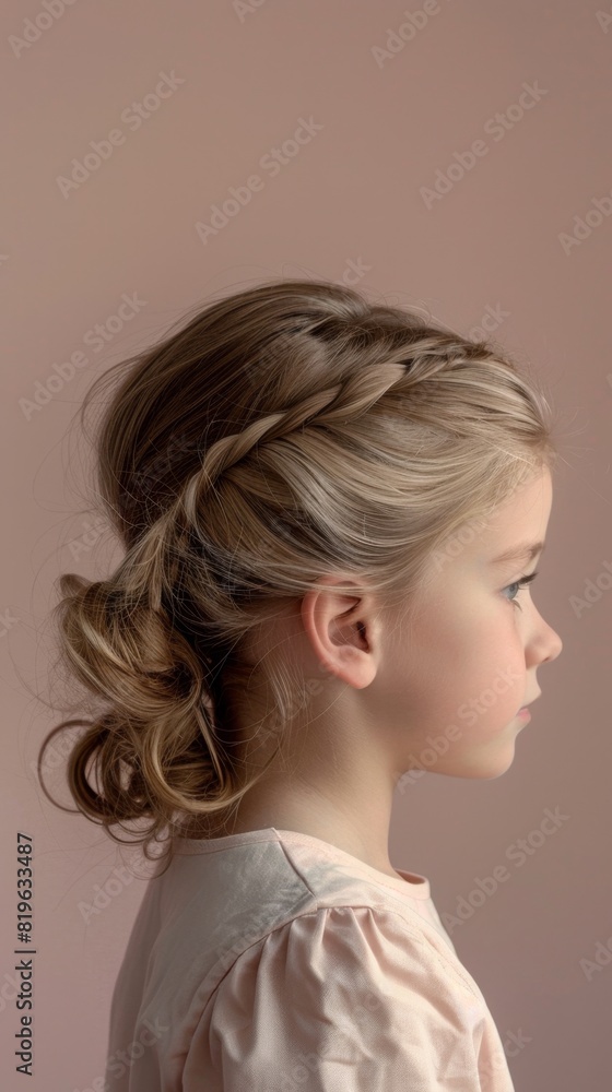 Little girl long blonde hair braided, beauty hair style, side of view isolated background Little girl long blonde hair braided, beauty hair style, side of view isolated background