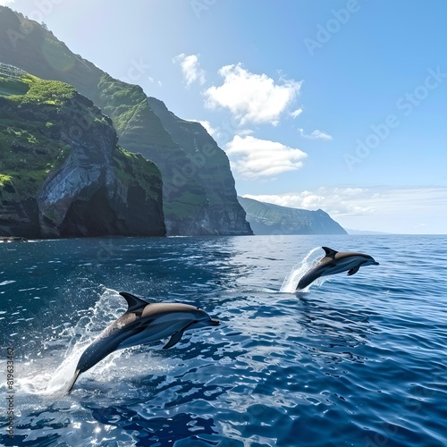 Scenic view of dolphins jumping in ocean near rocky cliffs and calm sea. Nature landscape captured in the wild. Perfect for travel and nature enthusiasts. AI