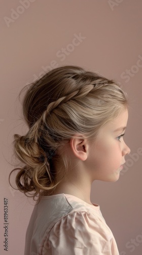 Little girl long blonde hair braided, beauty hair style, side of view isolated background