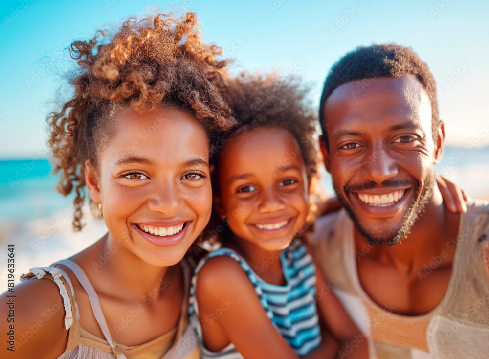 A happy family smiling at the beach with a clear blue sky in the background, depicting togetherness and joy. Generative AI A happy family smiling at the beach with a clear blue sky in the background, depicting togetherness and joy. Generative AI