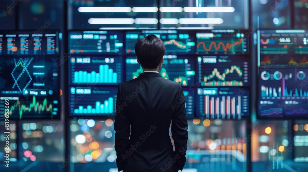 Futuristic Business Executive Analyzing Financial Data on Digital Display in High-Tech Office Futuristic Business Executive Analyzing Financial Data on Digital Display in High-Tech Office