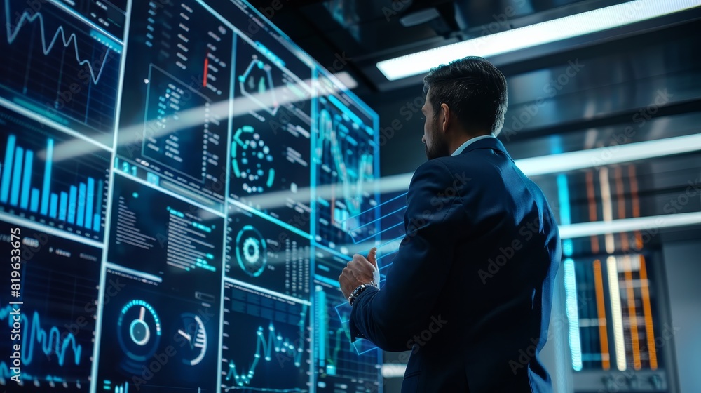 Fototapeta premium Futuristic Business Professional Analyzing Data on Digital Screen in High-Tech Office