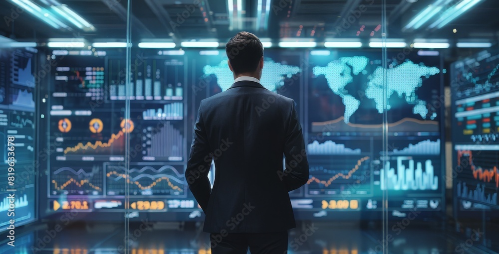 Modern Business Executive Analyzing Data on Digital Screen in Sophisticated Office Environment Modern Business Executive Analyzing Data on Digital Screen in Sophisticated Office Environment