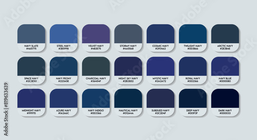 Navy Color Code Guide Palette with Color Names. Catalog Samples Navy Blue with RGB HEX codes. Dark Blue Colors Palette Vector, Wood and Plastic Dark Blue Color Palette, Fashion Trend Navy Colors
