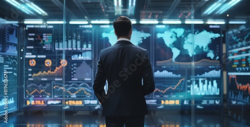 Modern Business Executive Analyzing Data on Digital Screen in Sophisticated Office Environment photo