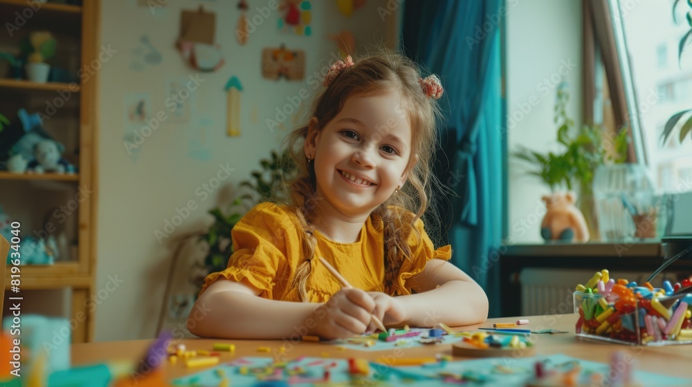 Fototapeta premium Happy Child Engaged in Creative Craft Activity at Bright Table Setting with Natural Light - Horizontal Shot