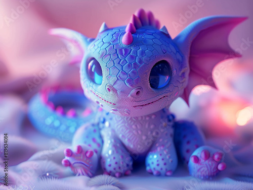 A small and squishy dragon plush toy is sitting on a blurred background. The dragon has a cute and playful expression on its face.