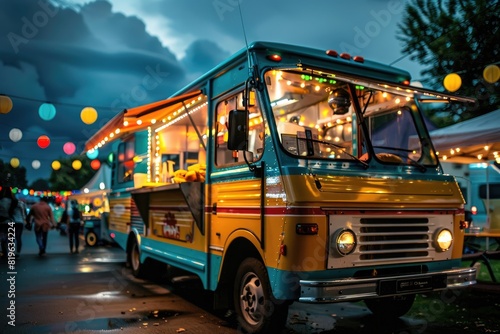 A food truck is parked in a parking lot with a crowd of people around it. The truck is brightly lit and has a neon sign on it. The atmosphere is lively and festive, with people enjoying the food