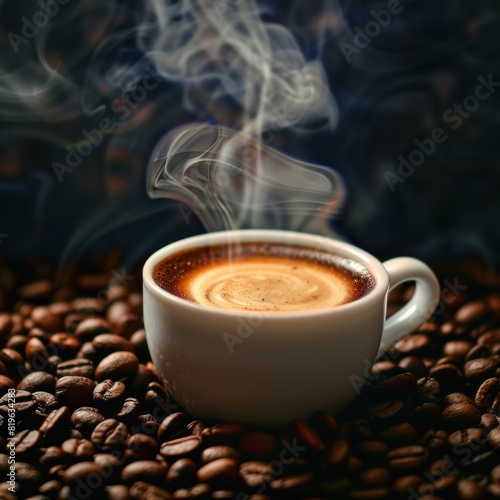 A cup of espresso raises steam on coffee beans
