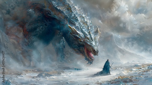 The knight and dragon’s breath fogged the cold air, creating an intense and striking scene in the painting. photo