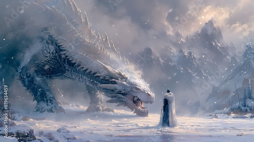 The clash of fire and ice was perfectly captured in the winter oil painting of the knight battling the dragon. photo