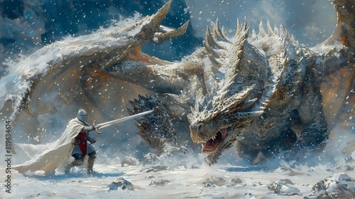 Snowflakes settled softly on the dragon’s scales as the knight charged forward, a moment immortalized in the painting.