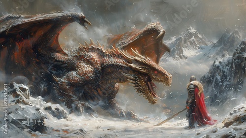 The oil painting captured the essence of battle amidst winter’s harsh embrace, with the knight facing the dragon undeterred.