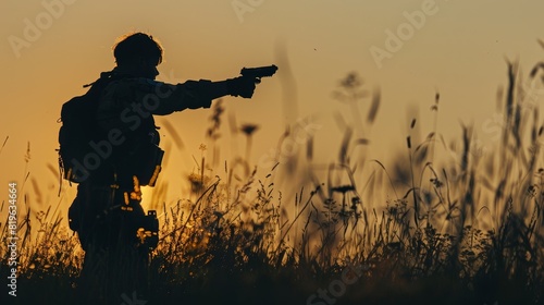 Silhouette of a war medic in action, portrayed against a clear background, showcasing a pose of urgency and care, all rendered in a noisefree visual setting