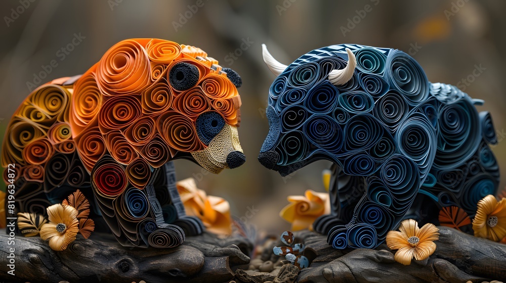 Fototapeta premium The bear’s cautious nature and the bull’s aggressive optimism were beautifully encapsulated in the paper quilled forms.