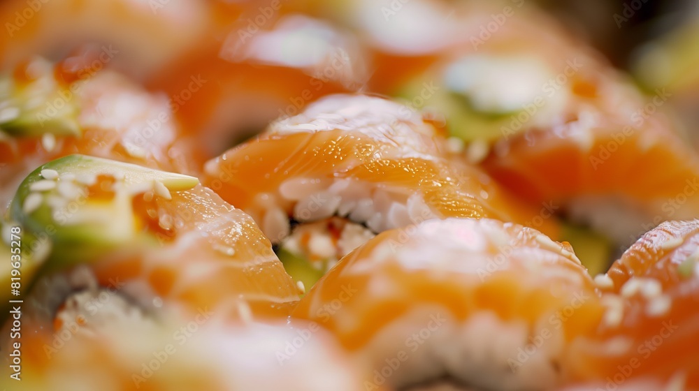 Close-up sushi highlighting fresh fish, avocado, and rice textures. Close-up sushi highlighting fresh fish, avocado, and rice textures.