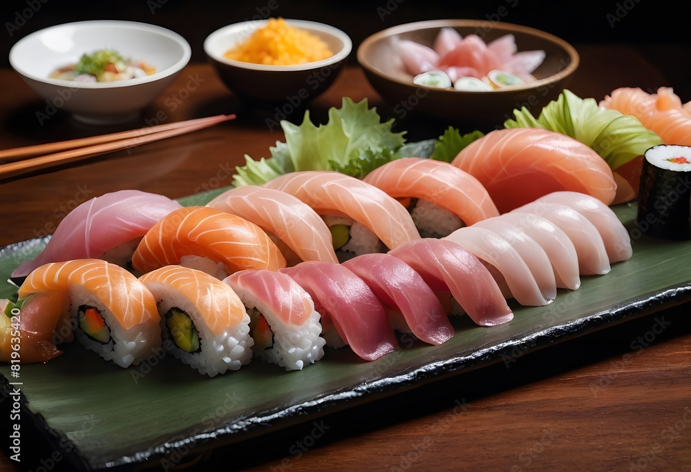 there are many sushi rolls on a black plate with a bowl of sauce there are many sushi rolls on a black plate with a bowl of sauce
