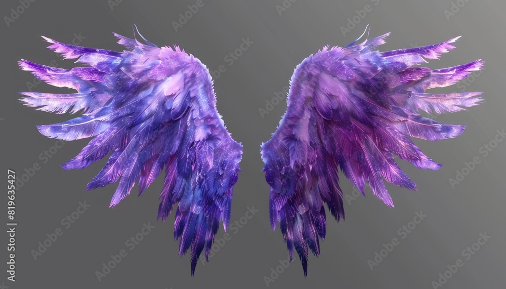 Fototapeta premium Purple angel wings isolated on a transparent background, ideal for mystical, spiritual, or fantasy-themed designs