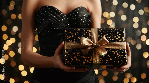 A woman in a black elegant dress holds a black gift box with a golden ribbon against a golden bokeh background