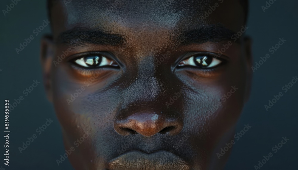 A portrait of a young African man looking directly at the camera, conveying a strong and engaging presence