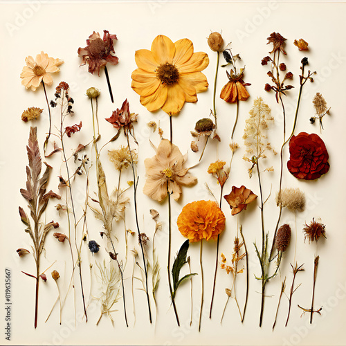 picture of dried flowers signed in latin herbarium from dried blossoming flower with latin see,generate ai photo