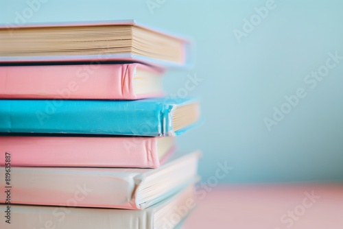 A stack of books with pink  blue  and white covers