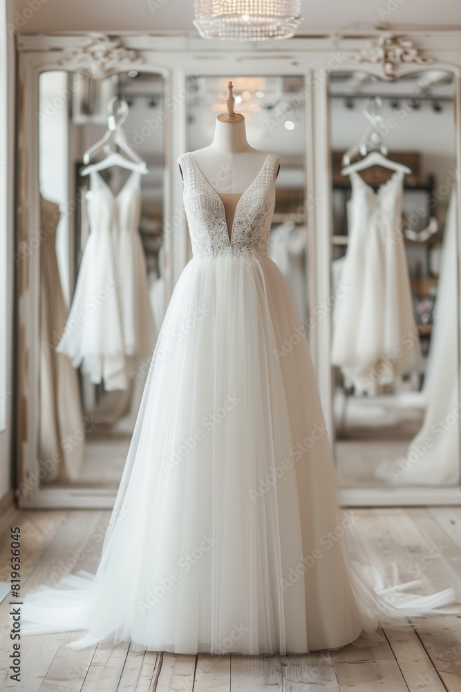 A white dress is displayed in a store window A white dress is displayed in a store window