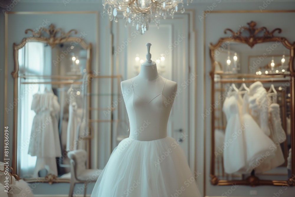 A white dress is displayed in a store with a mirror behind it A white dress is displayed in a store with a mirror behind it