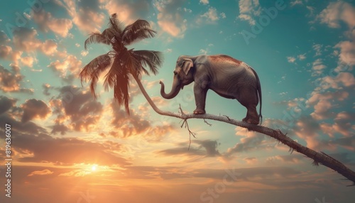A surreal image of an elephant balancing on a thin branch of a withered palm tree, evoking themes of imbalance or unnatural scenarios