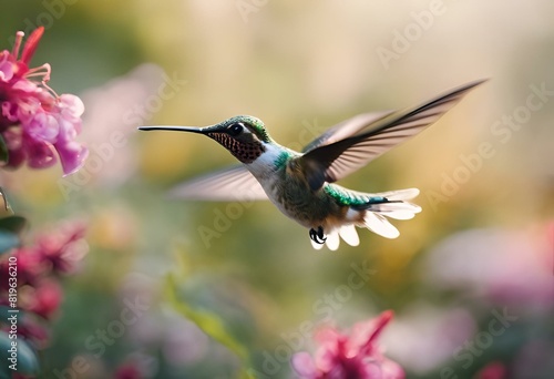 AI generated illustration of a hummingbird in flight near summer flowers photo