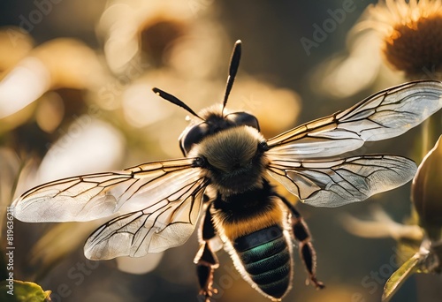 AI generated illustration of a bee flying over flowers photo
