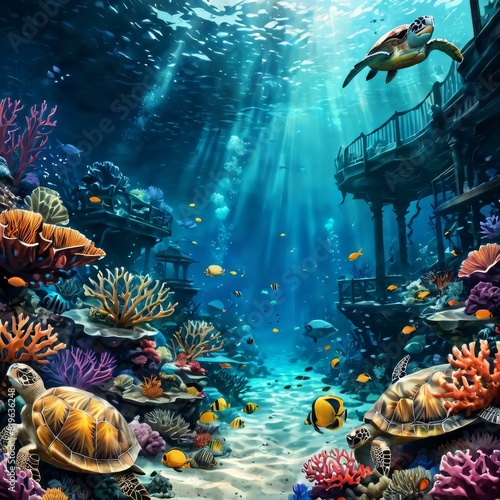 A mesmerizing underwater scene depicting turtles swimming near a sunlit coral reef, surrounded by diverse marine life and sun rays filtering through the water.