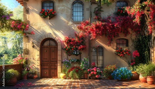 An image of a house adorned with flowers, creating a charming and picturesque home environment © DruZhi Art