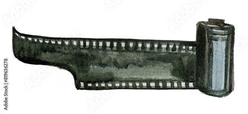 Film strip isolated on white. Watercolor camera filmstrip painting.