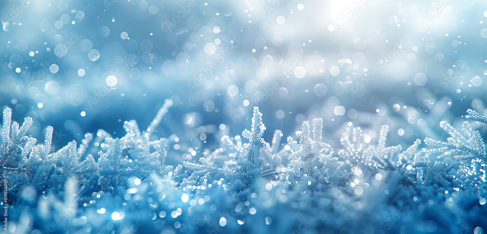 Ice blue light particles softly drift in frosty scene. Ice blue light particles softly drift in frosty scene.