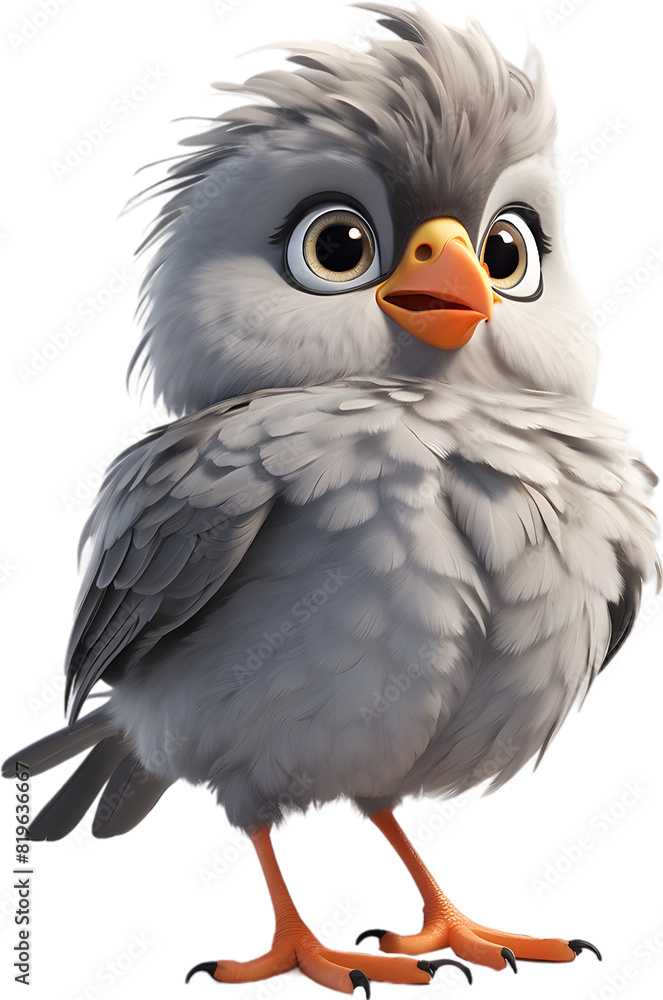 Fototapeta premium A cute cartoon-style bird with fuzzy gray feathers.