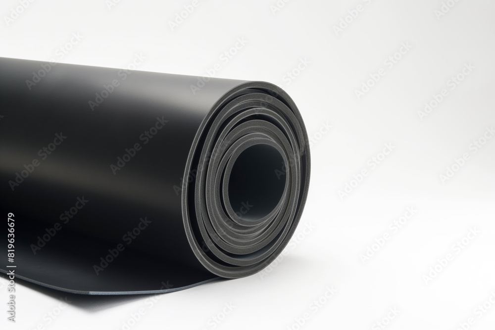Black rubber roll on white surface with automotive parts and gadgets. Generative AI Black rubber roll on white surface with automotive parts and gadgets. Generative AI
