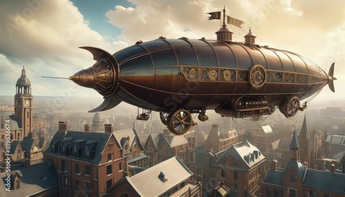 A steampunk-inspired airship crafted with intricate details, floating above an ornate Victorian cityscape under clear skies.