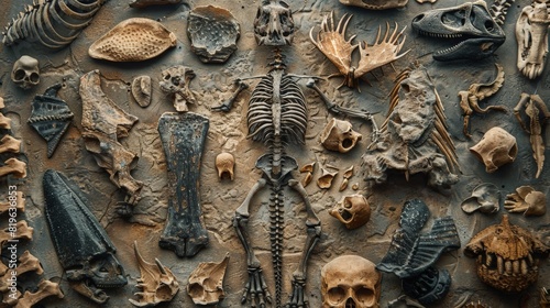 Displayed in a museum setting, a close-up image showcases a collection of fossilized bones, arranged to showcase the diversity of ancient creatures that once roamed the Earth. photo