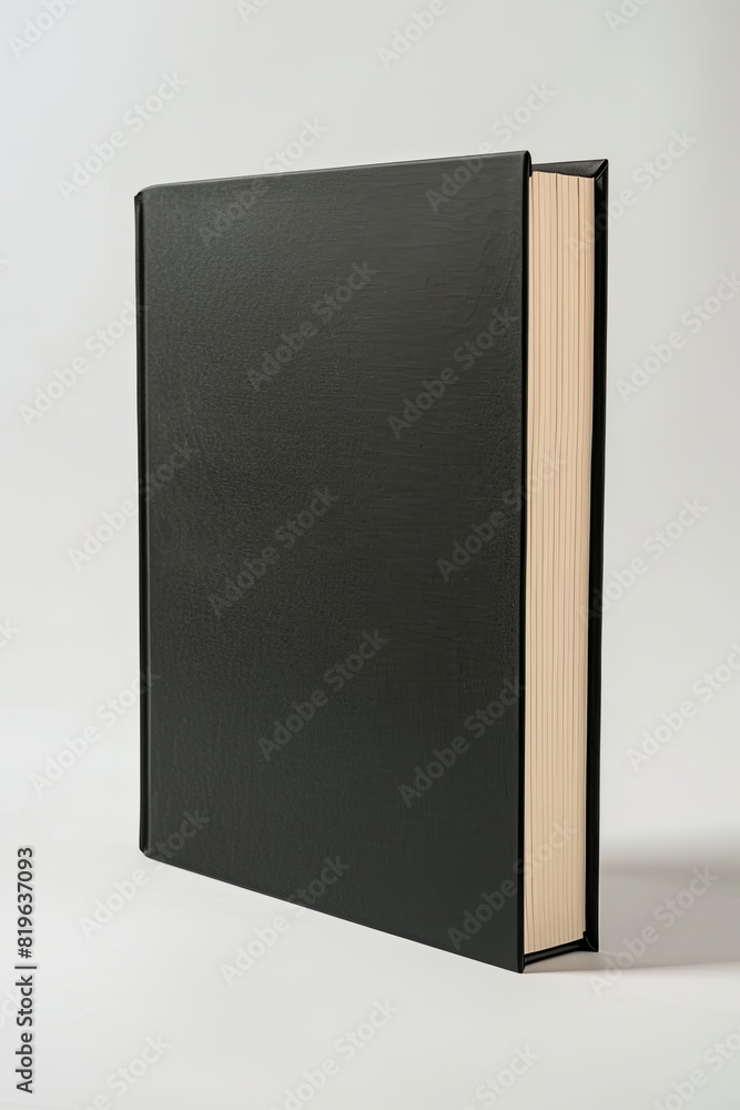 Standing black hardcover book on clean white surface. Minimalistic design mockup. Standing black hardcover book on clean white surface. Minimalistic design mockup.