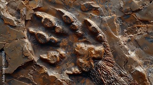 Illustrated in detail, fossilized imprints left by ancient creatures, such as footprints and tail marks, provide valuable clues about their behavior and movements millions of years ago.