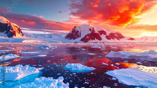 Breathtaking Arctic Sunrise over Icy Seascape. Vibrant Colors Fill the Sky. Scenic Polar Nature Display Captured in Pristine Wilderness. Ideal for Travel and Adventure Themes. AI