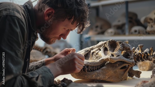 With focused attention, a paleontologist carefully examines the fossilized remains of a prehistoric creature, piecing together its life story from the intricate details preserved in the skull.