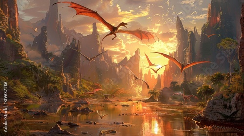 Through an artist's rendering, an imaginative depiction of a prehistoric landscape teems with life, populated by majestic dinosaurs and soaring pterosaurs, providing a vivid portrayal of Earth's