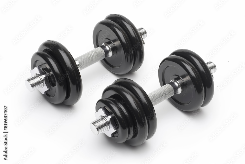 There are two black dumbbells resting isolated on white background. Generative AI There are two black dumbbells resting isolated on white background. Generative AI