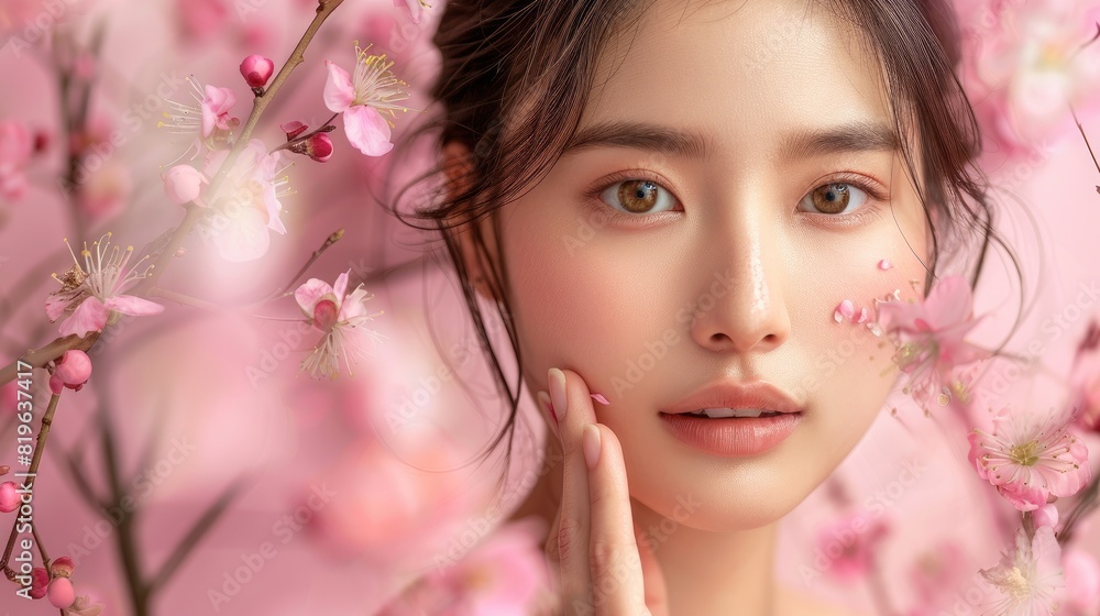 Korean Beauty Model with Flawless Skin and Spring Blossoms Korean Beauty Model with Flawless Skin and Spring Blossoms