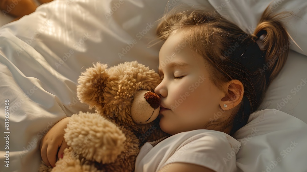 Peaceful child sleeping with a teddy bear in a warm, soft bed. Innocent nap time, cozy childhood moment. Comfort and serenity in a bedroom setting. AI Peaceful child sleeping with a teddy bear in a warm, soft bed. Innocent nap time, cozy childhood moment. Comfort and serenity in a bedroom setting. AI