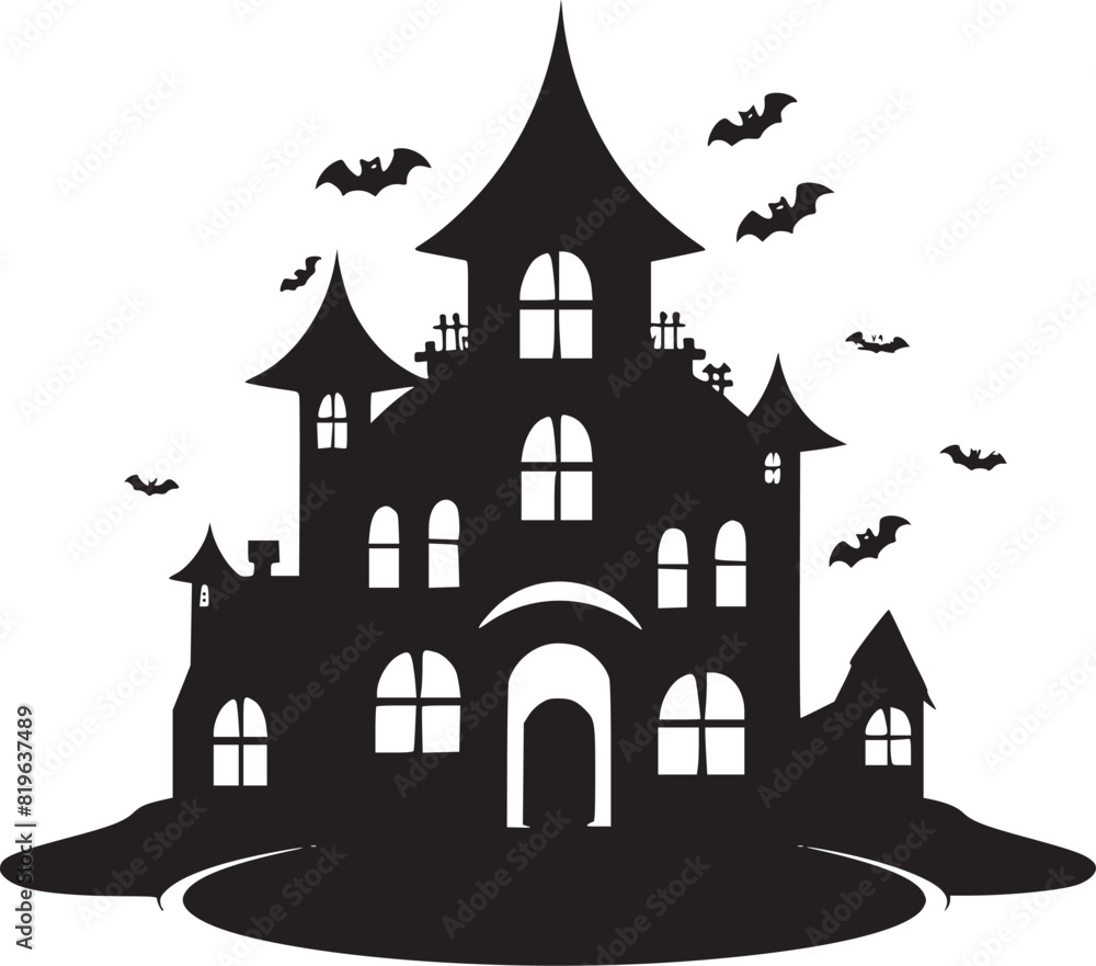 Creepy Halloween haunted castle black silhouette. Halloween vector illustration.